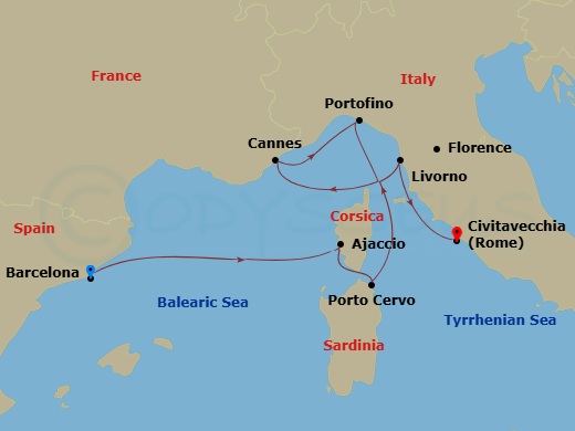 EXPLORA I - 7 Night - A Journey Through the Soul of the Mediterranean's Eternal Beauty - EXPLORA I - Starting in Barcelona, Ajaccio (Corsica), Porto Cervo (Sardinia), Por.. itinerary map
