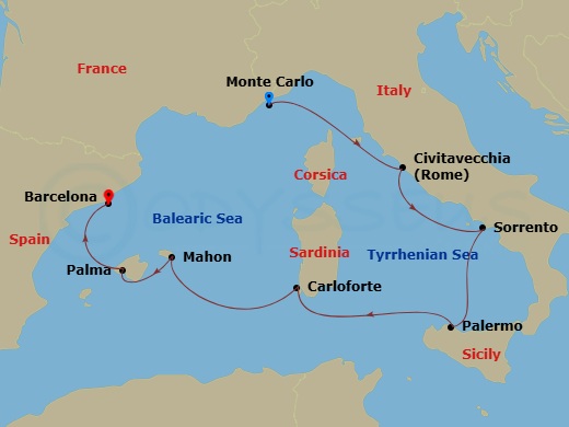EXPLORA I - 7 Night - A Journey Through Europe's Finest from Opulence to Artistic Splendor - EXPLORA I - Starting in Monte Carlo, Rome (Civitavecchia), Sorrento, Palermo.. itinerary map
