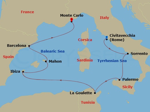 EXPLORA I - 8 Night - A Journey to Italian Hidden Gems & the Heartbeat of Catalan Culture - EXPLORA I - Starting in Rome (Civitavecchia), Sorrento, Palermo (Sicily), Tuni.. itinerary map