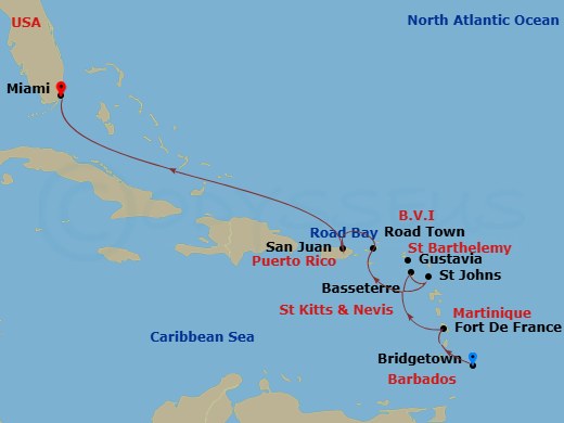 EXPLORA I - 10 Night - An Extended Journey Into the Caribbean's Most Desirable Shores - EXPLORA I - Starting in Bridgetown, Fort-de-France, Martinique, Basseterre, San Ju.. itinerary map