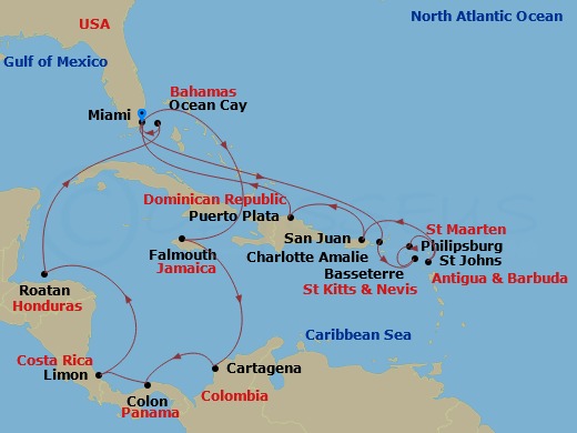 MSC Divina - 21 Night - Caribbean and Antilles - MSC Divina - Starting in Miami, Falmouth, Jamaica, Cartagena CO, Colon, Panama, Puerto Limon, Costa Rica, Isla De Roatan,.. itinerary map