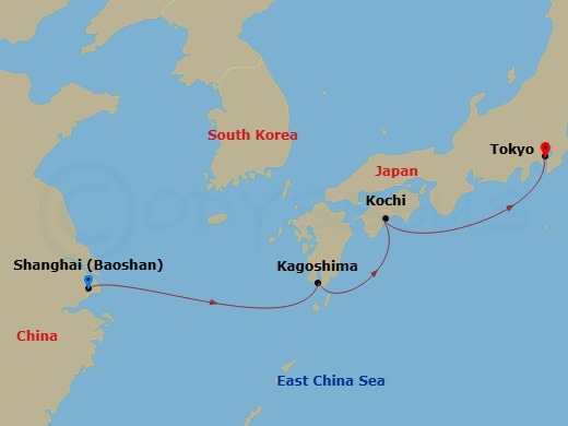 6 Night - Far East - MSC Bellissima - Starting in Shanghai, China, Kagoshima, Japan, Kochi, Japan, Tokyo, Japan itinerary map
