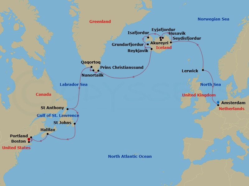 21 Night - Cultural Crossing with Icelandic Fjords & Greenland - Zuiderdam - Starting in Amsterdam, the Netherlands, Lerwick, Shetland Islands, United Kingdom, Seydisfjordur, Iceland, Akureyri, Iceland, Scenic cruising Eyjafjordur, Husavik, Iceland, Isafjordur, Iceland, Scenic Cruising Isafjardurdjur, Grundarfjordur, Iceland, Reykjavik, Iceland, Cruising Prince Christian Sound, Nanortalik, Greenland, Qaqortoq, Greenland, St Anthony, Newfoundland, Canada, St Johns NF, Newfoundland, Halifax, Nova Scotia, Canada, Portland ME, Boston, Massachusetts itinerary map