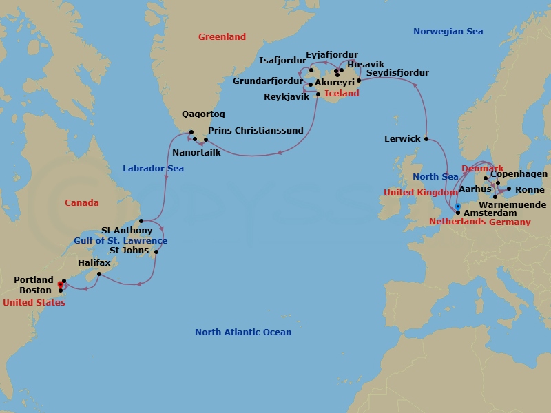 28 Night - Baltic Capitals Crossing with Icelandic Fjords - Zuiderdam - Starting in Amsterdam, the Netherlands, Aarhus, Denmark, Warnemunde (Berlin), Germany, Ronne (Bornholm), Denmark, Copenhagen, Denmark, Amsterdam, the Netherlands, Lerwick, Shetland Islands, United Kingdom, Seydisfjordur, Iceland, Akureyri, Iceland, Scenic cruising Eyjafjordur, Husavik, Iceland, Isafjordur, Iceland, Scenic Cruising Isafjardurdjur, Grundarfjordur, Iceland, Reykjavik, Iceland, Cruising Prince Christian Sound, Nanortalik, Greenland, Qaqortoq, Greenland, St Anthony, Newfoundland, Canada, St Johns NF, Newfoundland, Halifax, Nova Scotia, Canada, Portland ME, Boston, Massachusetts itinerary map