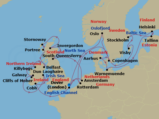 28 Night - Scandinavian Capitals & British Isles : Belfast - Nieuw Statendam - Starting in Dover UK (London), England, Rotterdam, the Netherlands, Copenhagen, Denmark, Aarhus, Denmark, Warnemunde (Berlin), Germany, Tallinn, Estonia, Helsinki, Finland, Stockholm, Sweden, Visby, Gotland, Sweden, Oslo, Norway, Scenic cruising Oslofjord, Dover UK (London), England, Amsterdam, the Netherlands, South Queensferry (Edinburgh), Scotland, United Kingdom, Invergordon (Inverness), Scotland, United Kingdom, Stornoway, Isle of Lewis, Scotland, United Kingdom, Portree (Isle of Skye), Scotland, United Kingdom, Belfast, Northern Ireland, United Kingdom, Killybegs, Donegal, Ireland, Galway, Ireland, Scenic cruising Cliffs of Moher, Dun Laoghaire (Dublin), Ireland, Cobh (Cork), Ireland, Dover UK (London), England itinerary map