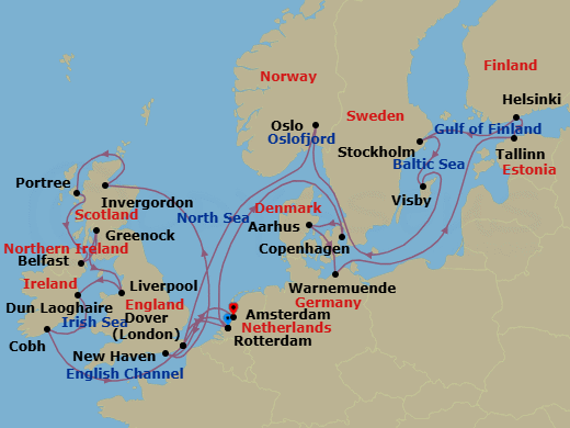 28 Night - British Isles & Scandinvian Capitals : Ireland - Nieuw Statendam - Starting in Rotterdam, the Netherlands, Newhaven (Edinburgh), United Kingdom, Invergordon (Inverness), Scotland, United Kingdom, Portree (Isle of Skye), Scotland, United Kingdom, Belfast, Northern Ireland, United Kingdom, Greenock (Glasgow), Scotland, United Kingdom, Liverpool, England, United Kingdom, Dun Laoghaire (Dublin), Ireland, Cobh (Cork), Ireland, Dover UK (London), England, Rotterdam, the Netherlands, Copenhagen, Denmark, Aarhus, Denmark, Warnemunde (Berlin), Germany, Tallinn, Estonia, Helsinki, Finland, Stockholm, Sweden, Visby, Gotland, Sweden, Oslo, Norway, Scenic cruising Oslofjord, Dover UK (London), England, Amsterdam, the Netherlands itinerary map