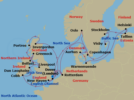 28 Night - British Isles & Scandinavian Capitals : Ireland - Nieuw Statendam - Starting in Dover UK (London), England, Rotterdam, the Netherlands, Newhaven (Edinburgh), United Kingdom, Invergordon (Inverness), Scotland, United Kingdom, Portree (Isle of Skye), Scotland, United Kingdom, Belfast, Northern Ireland, United Kingdom, Greenock (Glasgow), Scotland, United Kingdom, Liverpool, England, United Kingdom, Dun Laoghaire (Dublin), Ireland, Cobh (Cork), Ireland, Dover UK (London), England, Rotterdam, the Netherlands, Copenhagen, Denmark, Aarhus, Denmark, Warnemunde (Berlin), Germany, Tallinn, Estonia, Helsinki, Finland, Stockholm, Sweden, Visby, Gotland, Sweden, Oslo, Norway, Scenic cruising Oslofjord, Dover UK (London), England itinerary map