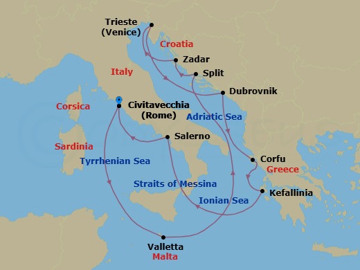 14 Night - Adriatic and Malta - Queen Elizabeth - Starting in Civitavecchia (tours to Rome), Italy, Valletta, Malta, Split, Croatia, Zadar, Croatia, Trieste, Italy, Dubrovnik, Croatia, Corfu, Greece, Cephalonia, Greece, Messina Strait, Italy (Transit), Salerno (tours to Capri or Pompeii), Italy, Civitavecchia (tours to Rome), Italy itinerary map