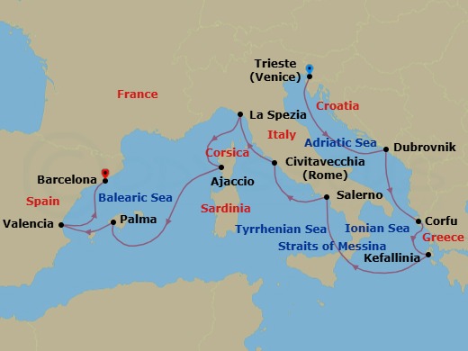 14 Night - Mediterranean, Croatia and Greece - Queen Elizabeth - Starting in Trieste, Italy, Dubrovnik, Croatia, Corfu, Greece, Cephalonia, Greece, Messina Strait, Italy (Transit), Salerno (tours to Capri or Pompeii), Italy, Civitavecchia (tours to Rome), Italy, La Spezia (tours to Florence or Pisa), Italy, Ajaccio, Corsica, France, Palma De Mallorca, Spain, Valencia, Spain, Barcelona, Spain itinerary map