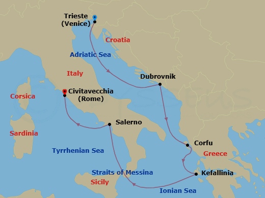 7 Night - Italy, Greece and Croatia - Queen Elizabeth - Starting in Trieste, Italy, Dubrovnik, Croatia, Corfu, Greece, Cephalonia, Greece, Messina Strait, Italy (Transit), Salerno (tours to Capri or Pompeii), Italy, Civitavecchia (tours to Rome), Italy itinerary map