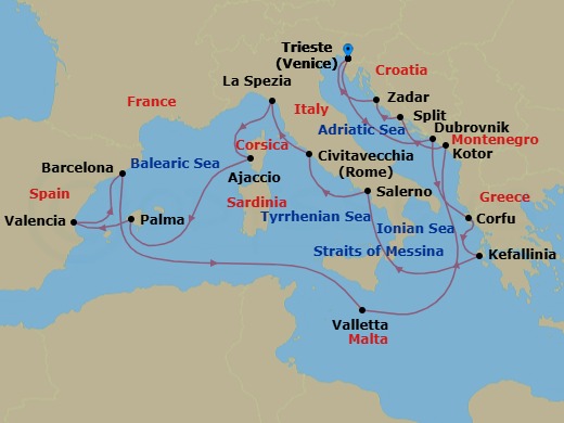 21 Night - Mediterranean, Adriatic and Greece - Queen Elizabeth - Starting in Trieste, Italy, Dubrovnik, Croatia, Corfu, Greece, Cephalonia, Greece, Messina Strait, Italy (Transit), Salerno (tours to Capri or Pompeii), Italy, Civitavecchia (tours to Rome), Italy, La Spezia (tours to Florence or Pisa), Italy, Ajaccio, Corsica, France, Palma De Mallorca, Spain, Valencia, Spain, Barcelona, Spain, Valletta, Malta, Kotor, Montenegro, Split, Croatia, Zadar, Croatia, Trieste, Italy itinerary map