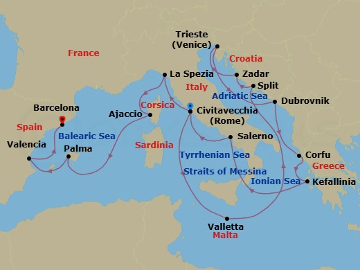 21 Night - Mediterranean, Adriatic and Greece - Queen Elizabeth - Starting in Civitavecchia (tours to Rome), Italy, Valletta, Malta, Split, Croatia, Zadar, Croatia, Trieste, Italy, Dubrovnik, Croatia, Corfu, Greece, Cephalonia, Greece, Messina Strait, Italy (Transit), Salerno (tours to Capri or Pompeii), Italy, Civitavecchia (tours to Rome), Italy, La Spezia (tours to Florence or Pisa), Italy, Ajaccio, Corsica, France, Palma De Mallorca, Spain, Valencia, Spain, Barcelona, Spain itinerary map