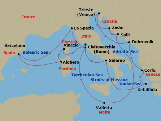 21 Night - Mediterranean, Adriatic and Greece - Queen Elizabeth - Starting in Civitavecchia (tours to Rome), Italy, La Spezia (tours to Florence or Pisa), Italy, Barcelona, Spain, Alghero, Sardinia, Italy, Ajaccio, Corsica, France, Civitavecchia (tours to Rome), Italy, Valletta, Malta, Split, Croatia, Zadar, Croatia, Trieste, Italy, Dubrovnik, Croatia, Corfu, Greece, Cephalonia, Greece, Messina Strait, Italy (Transit), Salerno (tours to Capri or Pompeii), Italy, Civitavecchia (tours to Rome), Italy itinerary map