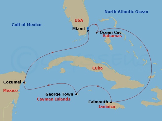 7 Night - Caribbean and Antilles - MSC Seaside - Starting in Miami, Florida, Ocean Cay Msc Marine Reserve, Bahamas, Falmouth, Jamaica, George Town, Cayman Islands, Cozumel, Mexico, Miami, Florida itinerary map