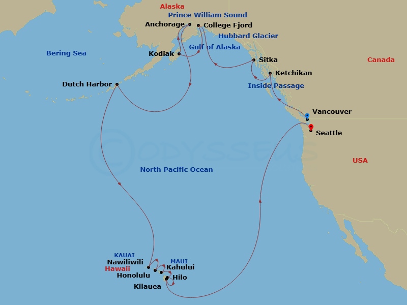 HAL Noordam - 27 Night - Legendary Glaciers & Volcanoes : Alaska to Hawaii - HAL Noordam - Starting in Vancouver, BC, CA, Scenic Cruising the Inside Passage, Ketchikan, Ala.. itinerary map
