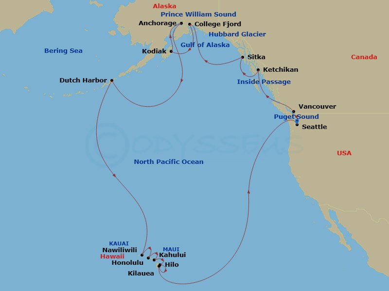 HAL Noordam - 28 Night - Legendary Glaciers & Volcanoes : Alaska to Hawaii - HAL Noordam - Starting in Seattle, Washington, Puget Sound, Vancouver, BC, CA, Scenic Cruising.. itinerary map
