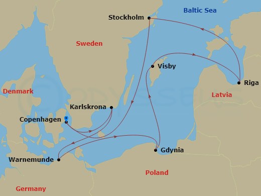 MSC Magnifica - 8 Night - Northern Europe - MSC Magnifica - Starting in Copenhagen, Denmark, Karlskrona, Sweden, Warnemunde (Berlin), Germany, Gdynia (Gdansk), Poland, Visby,.. itinerary map