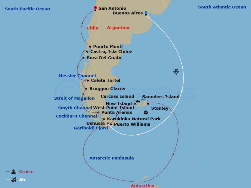 Seabourn Pursuit Cruise Tours - 35 Night - Chilean Fjords & Antarctica - Tour A11 - Seabourn Pursuit Cruise Tours - Starting in Buenos Aires, Argentina, Ushuaia, Argentina, Antarctica, South.. itinerary map