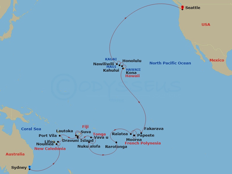 HAL Noordam - 35 Night - South Pacific Crossing - HAL Noordam - Starting in Sydney AU, Noumea, New Caledonia, Easo, Lifou, New Caledonia, Port Vila, Vanuatu, Suva, Viti Lev.. itinerary map