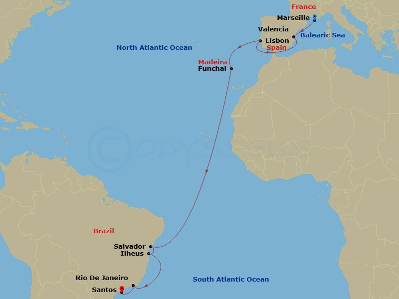16 Night - Msc Grand Voyages - MSC Musica - Starting in Marseille (Provence), France, Valencia, Spain, Lisbon (Cascais), Portugal, Funchal (Madeira Islands), Portugal, Salvador, Brazil, Ilheus, Brazil, Rio De Janeiro, Brazil, Santos (Sao Paulo), Brazil itinerary map