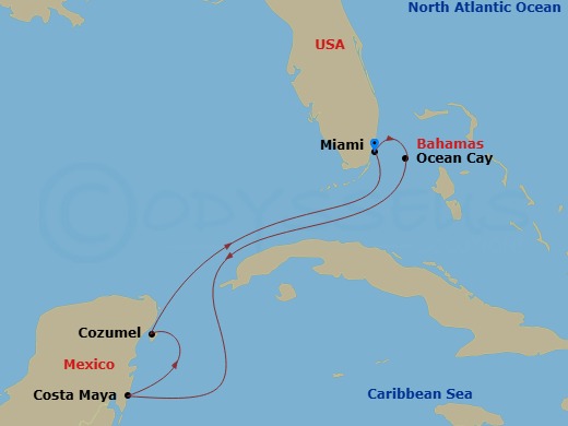 6 Night - Caribbean and Antilles - MSC World America - Starting in Miami, Florida, Ocean Cay Msc Marine Reserve, Bahamas, Costa Maya, Mexico, Cozumel, Mexico, Miami, Florida itinerary map