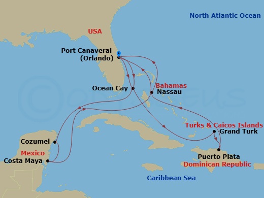 15 Night - Caribbean and Antilles - MSC World Atlantic - Starting in Port Canaveral (Orlando), Florida, Ocean Cay Msc Marine Reserve, Bahamas, Grand Turk Island, Turks and Caicos, Puerto Plata, Dominican Republic, Nassau, Bahamas, Port Canaveral (Orlando), Florida, Ocean Cay Msc Marine Reserve, Bahamas, Cozumel, Mexico, Costa Maya, Mexico, Nassau, Bahamas, Port Canaveral (Orlando), Florida itinerary map