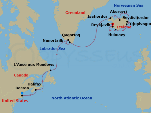 14 Night - Iconic Iceland, Greenland & Canada - Viking Neptune - Starting in Boston, Massachusetts, Sail the Atlantic Ocean, Halifax, Nova Scotia, Sail the Gulf of St Lawrence, Lanse Aux Meadows, Newfoundland, Sail the Labrador Sea, Qaqortoq, Nanortalik, Sail the Atlantic Ocean, Isafjordur, Akureyri, Seydisfjordur, Djupivogur, Heimaey Westman Islands, Reykjavik itinerary map