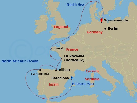 9 Night - Northern Europe - MSC Magnifica - Starting in Barcelona, Spain, La Coruna (Santiago De Compostela), Spain, Bilbao, Spain, La Rochelle, France, Brest, France, Warnemunde (Berlin), Germany itinerary map