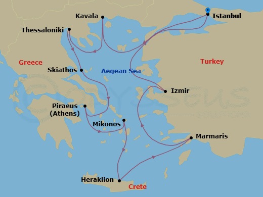 12 Night - Spring in the Aegean - Seven Seas Splendor - Starting in Istanbul, Cruising the Aegean Sea, Kavala, Thessaloniki, Skiathos, Athens (Piraeus), Mykonos, Heraklion (Crete), Marmaris, Cruising the Aegean Sea, Izmir, Istanbul itinerary map