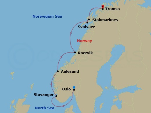 6 Night - The North Cape Line - North - MS Trollfjord - Starting in Oslo, Stavanger, Alesund, Rorvik, Svolvar, Stokmarknes, Tromso itinerary map