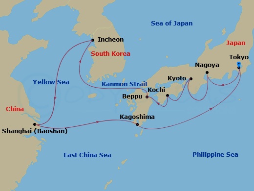 Seven Seas Explorer - 14 Night - Sakura Season Highlights - Seven Seas Explorer - Starting in Tokyo, Nagoya, Kyoto (Kobe), Kochi, Beppu, Cruising the Kanmon Straits, Cruising the Y.. itinerary map