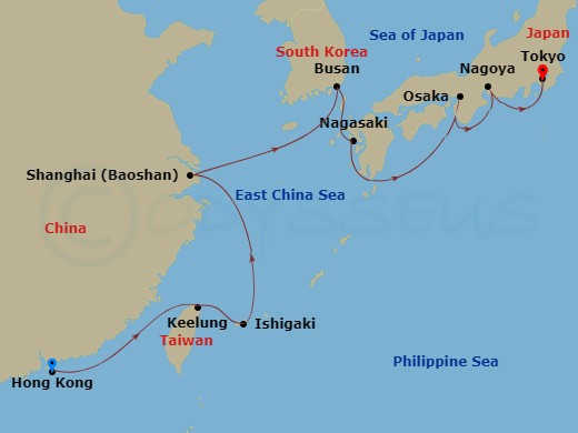 Seven Seas Explorer - 14 Night - Sacred Pagodas & Holy Temples - Seven Seas Explorer - Starting in Hong Kong, Cruising the South China Sea, Taipei (Keelung), Ishigaki (Sakishima Is.. itinerary map