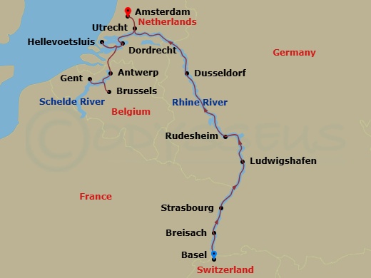 14 Night - Grand Rhine & Dutch Canals (Beer Cruise) - AmaFiora - Starting in Basel, Breisach, Strasbourg, Ludwigshafen, Rudesheim, Rhine Gorge, Lahnstein, Dusseldorf, Amsterdam, Utrecht, Hellevoetsluis, Ghent, Brussels, Antwerp, Dordrecht, Amsterdam itinerary map