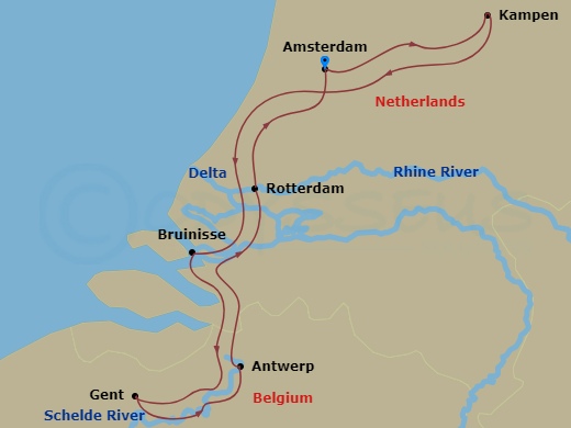 7 Night - Tulip Time (Smithsonian Journeys) - AmaSerena - Starting in Amsterdam, Kampen, Delta, Bruinisse, Ghent, Antwerp, Rotterdam, Amsterdam itinerary map
