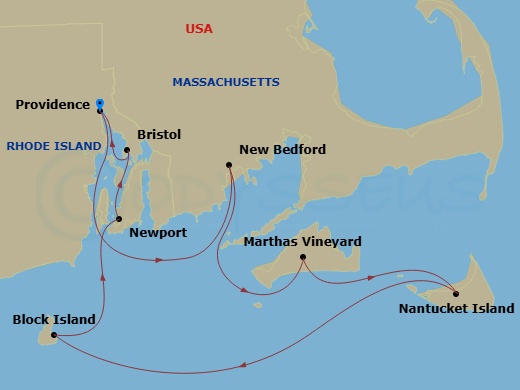 8 Night - New England Islands Cruise - American Star - Starting in Providence, RI, Day of Cruising, New Bedford, MA, Marthas Vineyard, MA, Nantucket Island, MA, Block Island, RI, Newport, Ri, Bristol, RI, Providence, RI itinerary map