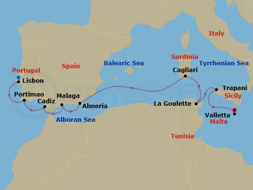 11 Night - Stars of Iberia - Seven Seas Grandeur - Starting in Lisbon, Portimao, Cadiz, Malaga, Almeria, Cruising the Mediterranean Sea, Cagliari (Sardinia), La Goulette, Trapani (Sicily), Cruising the Mediterranean Sea, Valletta itinerary map