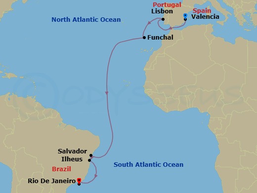 14 Night - Msc Grand Voyages - MSC Musica - Starting in Valencia, Spain, Lisbon (Cascais), Portugal, Funchal (Madeira Islands), Portugal, Salvador, Brazil, Ilheus, Brazil, Rio De Janeiro, Brazil itinerary map