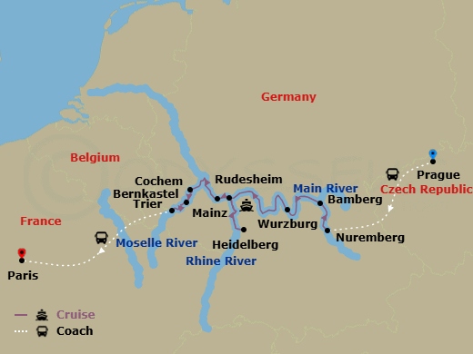 11 Night - Cities of Light - Viking Idi Tours - Starting in Prague, Nuremberg, Bamberg, Scenic Sailing : Main River, Spessart, Wurzburg, Heidelberg, Mainz, Rudesheim, Middle Rhine Scenic Sailing, Cochem, Bernkastel, Trier, Paris itinerary map