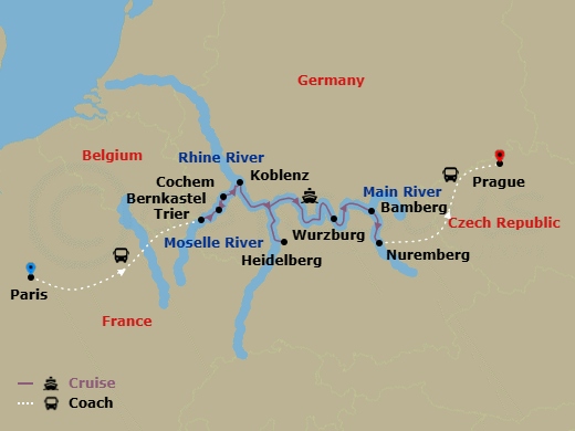 11 Night - Cities of Light - Viking Idi Tours - Starting in Paris, Trier, Bernkastel, Cochem, Koblenz, Middle Rhine Scenic Sailing, Heidelberg, Scenic Sailing : Main River, Spessart, Wurzburg, Bamberg, Nuremberg, Prague itinerary map