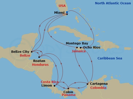 22 Night - Caribbean and Antilles - MSC Poesia - Starting in Miami, Florida, Ocho Rios, Jamaica, Cartagena CO, Colon, Panama, Puerto Limon, Costa Rica, Roatan Island, Honduras, Belize City, Belize, Miami, Florida, Montego Bay, Jamaica, Cartagena CO, Colon, Panama, Puerto Limon, Costa Rica, Roatan Island, Honduras, Belize City, Belize, Miami, Florida itinerary map