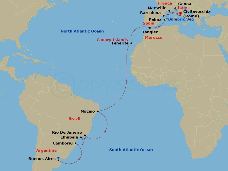 22 Night - Msc Grand Voyages - MSC Fantasia - Starting in Buenos Aires, Argentina, Camboriu, Brazil, Ilhabela, Brazil, Rio De Janeiro, Brazil, Maceio, Brazil, Santa Cruz de Tenerife, Tangier (Tetouan), Morocco, Palma De Mallorca (Baleari Is), Spain, Barcelona, Spain, Marseille (Provence), France, Genoa (Portofino), Italy, Civitavecchia (Rome), Italy itinerary map