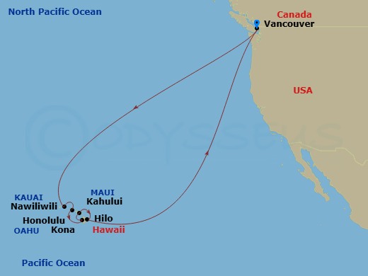 Koningsdam - 17 Night - Circle Hawaii - Koningsdam - Starting in Vancouver, BC, CA, Nawiliwili, Kauai, Hawaii, Honolulu, Hawaii, Kona, Hawaii, Kahului, Maui, Hilo, Hawaii,.. itinerary map