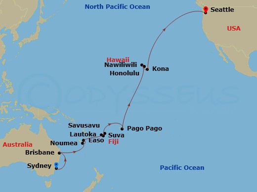 Noordam - 28 Night - Legendary South Pacific Crossing : Sydney to Seattle - Noordam - Starting in Sydney AU, Brisbane, Australia, Noumea, New Caledonia, Easo, Lifou, Ne.. itinerary map