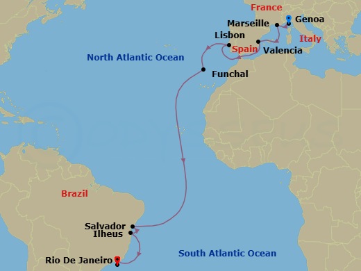16 Night - Msc Grand Voyages - MSC Musica - Starting in Genoa (Portofino), Italy, Marseille (Provence), France, Valencia, Spain, Lisbon (Cascais), Portugal, Funchal (Madeira Islands), Portugal, Salvador, Brazil, Ilheus, Brazil, Rio De Janeiro, Brazil itinerary map