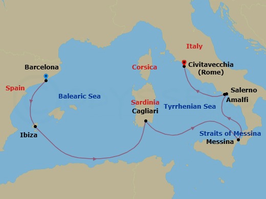 7 Night - Italy and Spain - Queen Victoria - Starting in Barcelona, Spain, Ibiza, Spain, Cagliari, Sardinia, Italy, Messina Strait, Italy (Transit), Messina, Sicily, Italy, Salerno (tours to Capri or Pompeii), Italy, Amalfi Coast Sail By, IT, Civitavecchia (tours to Rome), Italy itinerary map