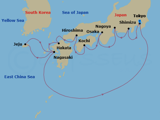 14 Night - Tokyo Pre Cruisetour - Norwegian Jade Tours - Starting in At Hotel, Tokyo, Japan, Mount Fuji / Shimizu, Japan, Nagoya, Japan, Kyoto / Osaka, Japan, Kochi, Japan, Hiroshima, Japan, Cruise Kanmon Straits, Japan, Hakata / Fukuoka, Japan, Nagasaki, Japan, Jeju, South Korea, Nagasaki / Sasebo, Japan, Tokyo, Japan itinerary map