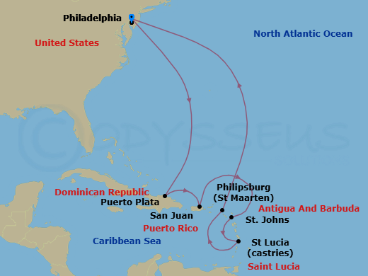 11 Night - Caribbean-Philadelphia - Norwegian Pearl - Starting in Philadelphia, Pa, Puerto Plata, Dominican Republic, San Juan, Pr, St Johns AG, Antigua, St Lucia, Saint Lucia, Philipsburg, St Maarten, Netherland Antilles, Philadelphia, Pa itinerary map