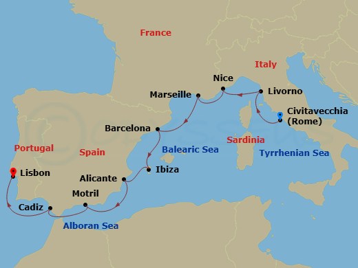 9 Night - Europe - Western Mediterranean - Rome - Norwegian Viva - Starting in Civitavecchia Rome, Italy, Livorno / Florence / Pisa, Italy, Nice / Monaco (Villefranche), France, Provence, Marseille, France, Barcelona, Spain, Ibiza, Spain, Alicante, Spain, Motril, Spain, Cadiz / Seville, Spain, Lisbon, Portugal itinerary map