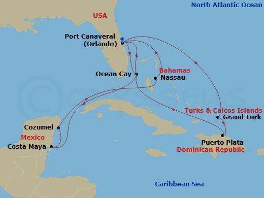 13 Night - Caribbean and Antilles - MSC World Atlantic - Starting in Port Canaveral (Orlando), Florida, Grand Turk Island, Turks and Caicos, Puerto Plata, Dominican Republic, Ocean Cay Msc Marine Reserve, Bahamas, Port Canaveral (Orlando), Florida, Ocean Cay Msc Marine Reserve, Bahamas, Costa Maya, Mexico, Cozumel, Mexico, Nassau, Bahamas, Port Canaveral (Orlando), Florida itinerary map