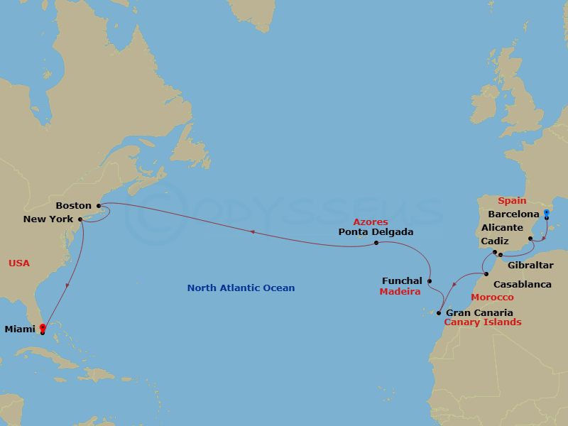 22 Night - Msc Grand Voyages - MSC Meraviglia - Starting in Barcelona, Spain, Alicante, Spain, Gibraltar, Cadiz (Seville), Spain, Casablanca (Marrakesh), Morocco, Las Palmas de Gran Canaria (Canary Islands), Spain, Funchal (Madeira Islands), Portugal, Ponta Delgada (Azores), Portugal, Boston, New York City (Brooklyn), New York, Miami, Florida itinerary map